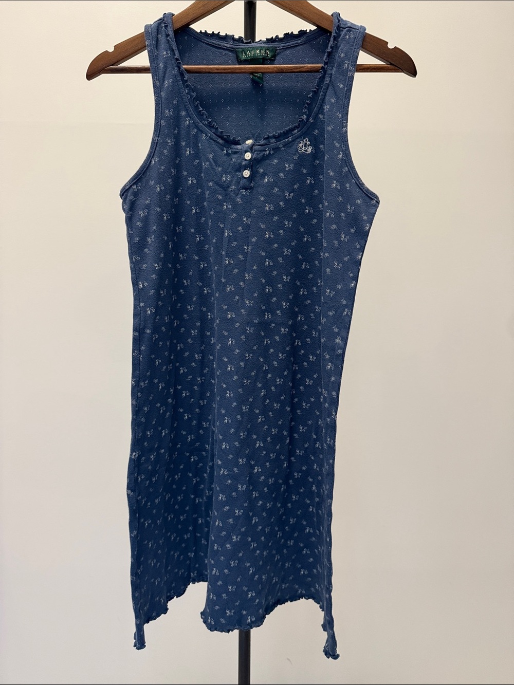 Lauren Ralph Lauren 100% Cotton Navy Ditsy Floral Henley Tank Nightgown L